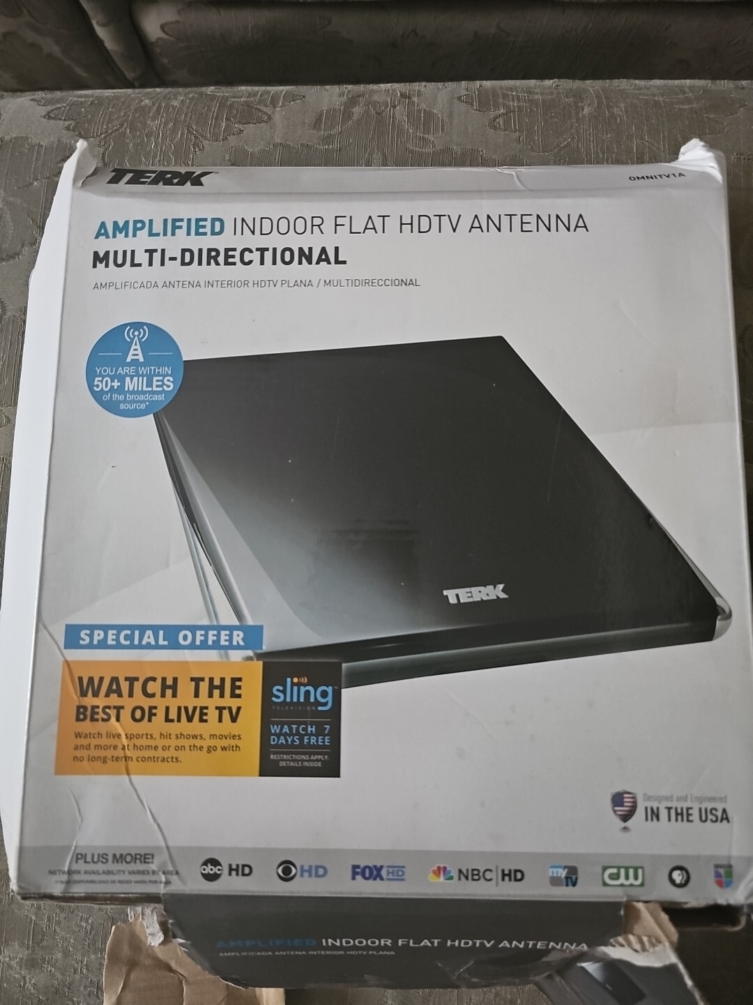 Terk TV Antenna OMNITV1A Amplified Indoor Flat HDTV Antenna Sling Local