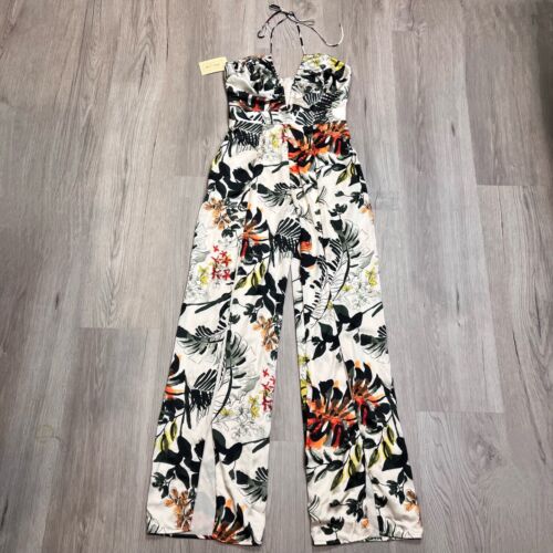 Katie May Never Cross Jumpsuit Sz M Neutral Tropical Floral V-Wired Halter Slits