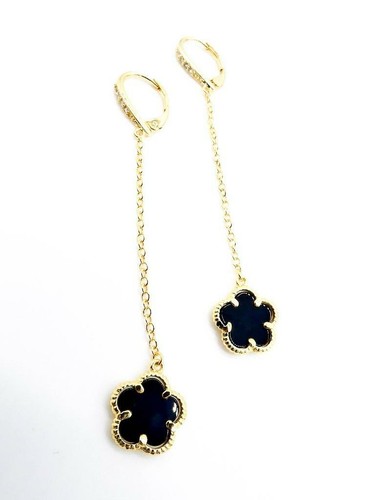 NEW 18kt Gold Plated Black Onyx Stone Flower Chain Crystals Leverback Earrings - Picture 5 of 5