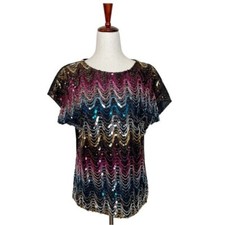Vintage 80s Glam Rainbow Multicolor Gold Sequin Zig Zag Top Short Sleeve Blouse