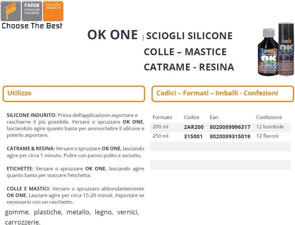 Faren - OK ONE-Rimuovi Etichette, Sciogli Silicone, Colla, Mastice, Resina-200ml - Immagine 3 di 4
