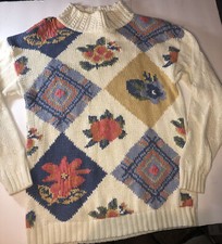 VTG 80  s Floral Knit Sweater Jumper Chunky Cable Cotton Cottage Core Pullover