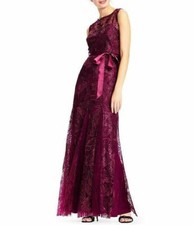 Adrianna Papell Godet Sequined Lace Waist Tie Dress Sz 6 Cabernet