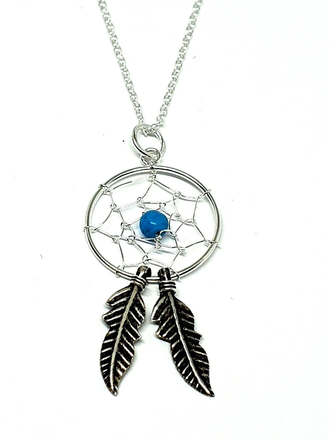 Dreamcatcher Pendant Necklace Turquoise Bead Feathers 925 Silver Jewellery & Box