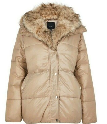 RIVER ISLAND COAT PADDED PUFFA JACKET FAUX FUR HOOD QUILTED BEIGE NUDE BROWN 10