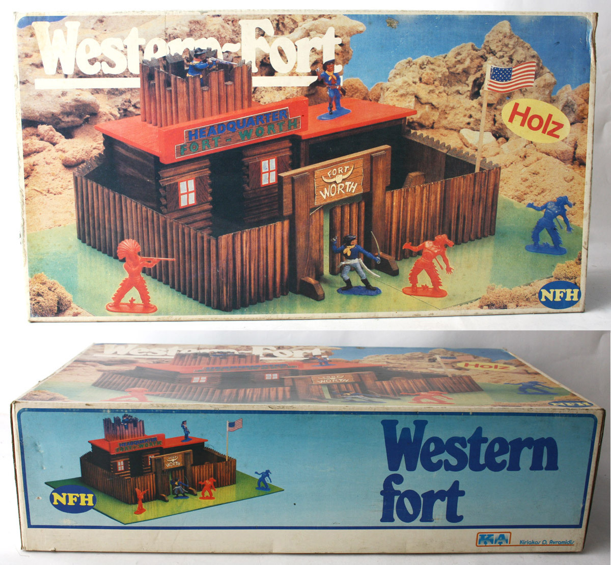 RARE VINTAGE 70'S PLASTIC TOY SOLDIERS WOODEN WESTERN FORT HOLZ