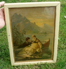 ANTIQUE 1880 ADIRONDACK MOUNTAINS LITHOGRAPH PRINT CABIN HUNTING FISHING CANOE