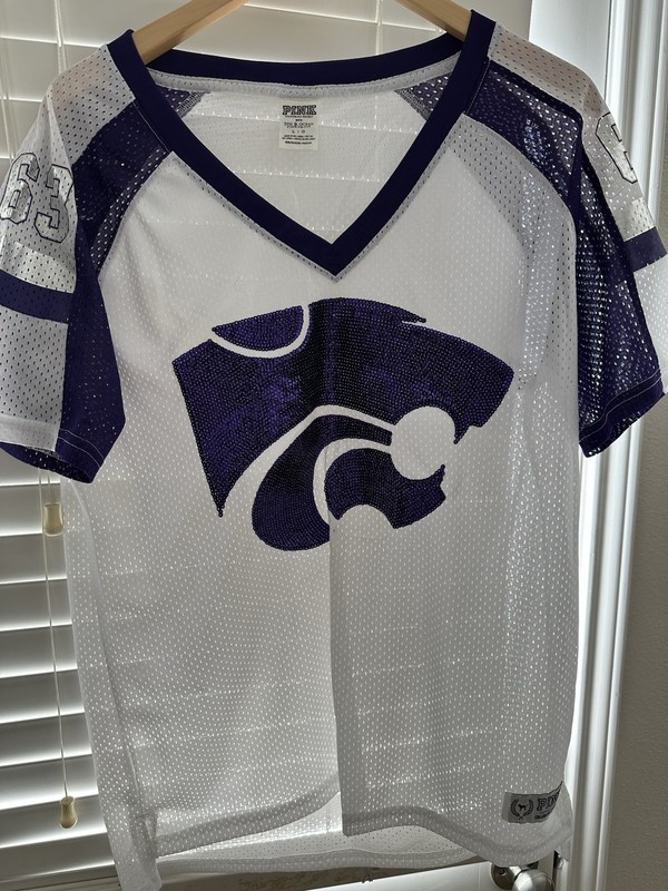 PINK Kansas State Wildcats Women’s L Mesh V-Neck Jersey, White/Purple