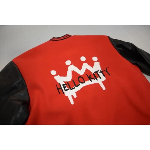 Forever 21 Hello Kitty Varsity Jacket Mens Large Red Black Faux Leather EUC image 8