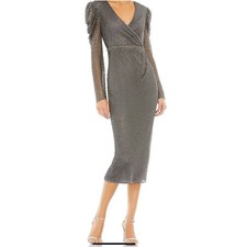 Mac Duggal Beaded Puff Sleeve Sheath Dress Slate Gray Size 16 Formal Midi