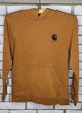   Carhartt Youth Hooded Pullover Sweatshirt Size Large 14-16 Brwon Logo Flaws 