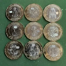 2019-2023 Mexico 9 coins 20 pesos 9 different types Bimetallic BU