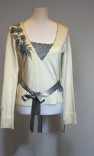Ladies Sweater Blue Floral Lace v-neckline Ribbon belt - Intuitions - Size M