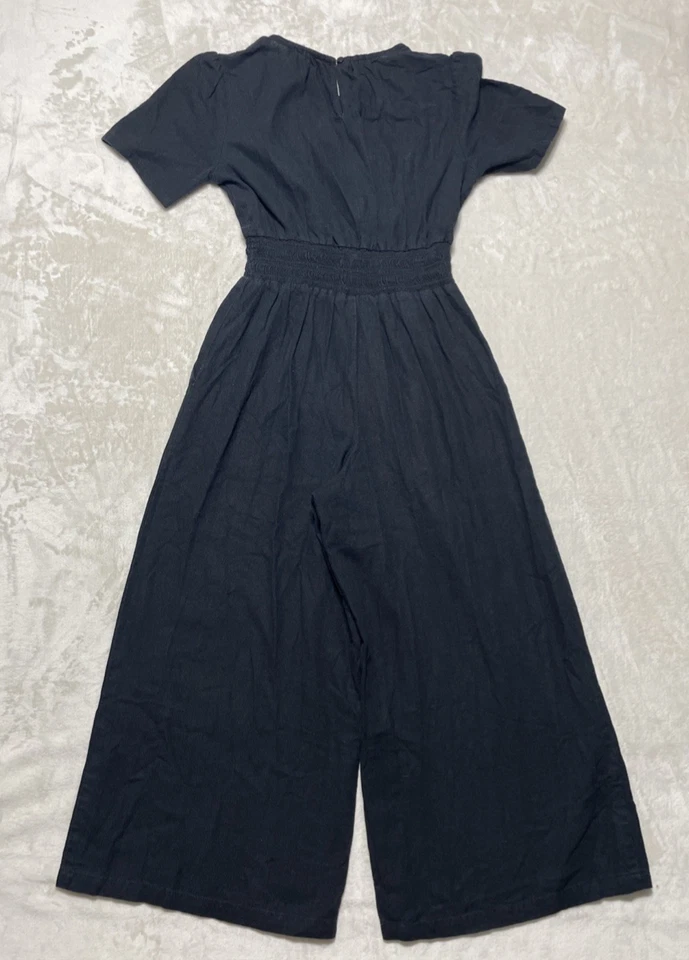 Nicole Miller Linen Blend Jumper Women's XS Black Elastic Waist Wide Leg Romper - Image 2 of 4