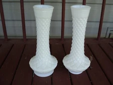 2 - Vintage White Milk Glass Diamond Quilted Pattern Bud Vase 9" Tall -  Randall