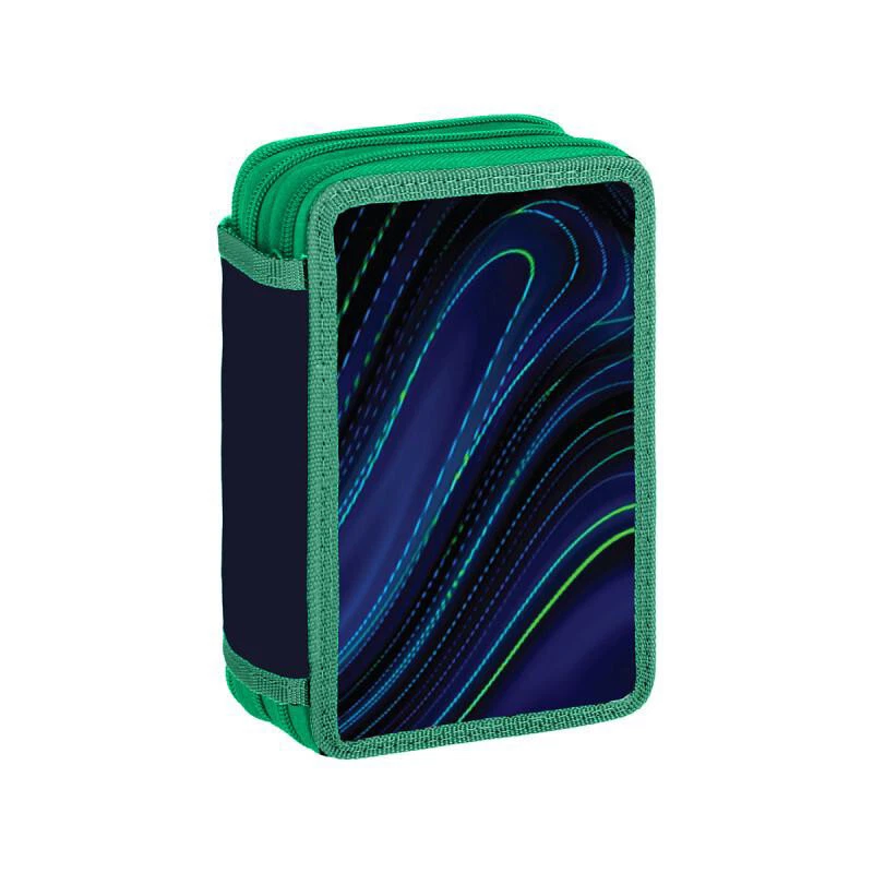 Federmäppchen Mäppchen Federtasche Blue Stripes 3-Fach, teilweise gefüllt