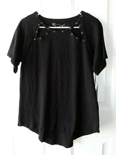 DG2 Diane Gilman Size XS Black Cut Out Embellished Collar T Shirt