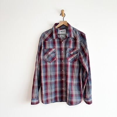 Levis Snap Button Up Plaid Shirt Blue Grey Maroon Western Lightweight