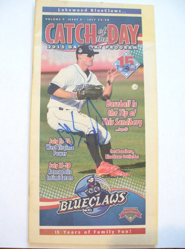 MILB - 2015 (July) Lakewood BlueClaws GameDay Program "Cord Sandberg" Auto. - EX