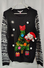 NO BOUNDARIES BLACK UGLY CHRISTMAS SWEATER SANTA TINSEL TREE JUNIORS XL 15-17