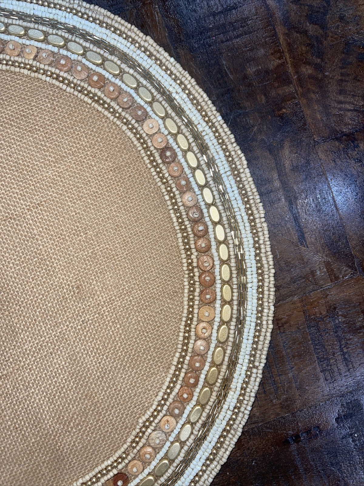 Tahari Home Beaded Set Of 2 Placemats 15”Round Jute In The Middle Gold