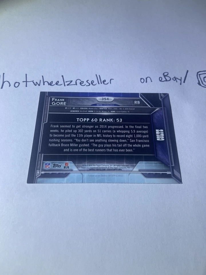 2015 Topps #354 Frank Gore Top 60 (53/60) Colts - Image 2 of 2