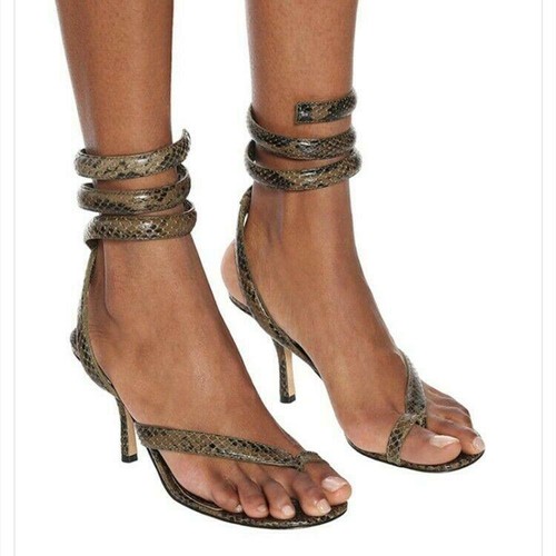 Women Fashion Paux Leather Snakeskin Thong Ankle Wrap Mid Heel Sandal Shoes Size - Picture 1 of 15