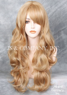 Human Hair Blend in Strawberry Blonde mix Long Wavy wig Flat  display picture 2