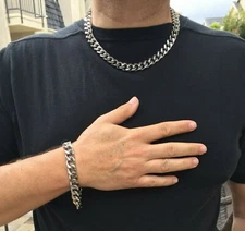 Stainless Steel Cuban Chain Bracelet / Necklace Set Curb Link Rider Bracelet