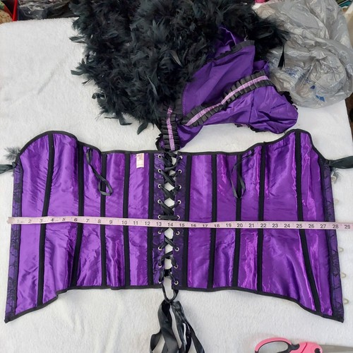 Burlesque Style Corset and skirt satin and Lace, Bows and Feathers, M, Purple - Picture 13 of 18