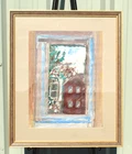 Mid Century Red House Landscape Watercolor Painting Unsigned
