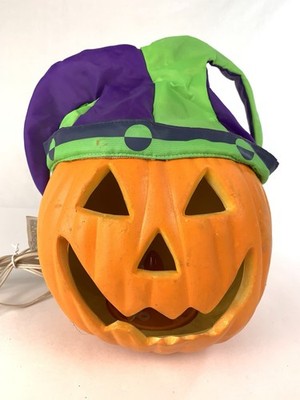 Vintage Gemmy Halloween Jester/Joker Pumpkin w/ Purple & Green Cap WORKS!