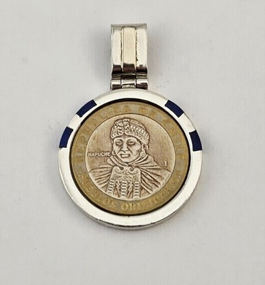Sterling Silber & Lapis Chile 100 Pesos Münze Anhänger zweifarbig Mapuche - 14,3 g