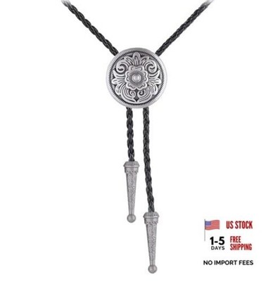 Native American Bolo Tie Rodeo Cowboy Leather Necktie Flower Bolo Tie-silver