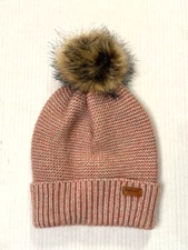 Barbour England knit beanie hat with faux fur pom pom dusty pink excellent