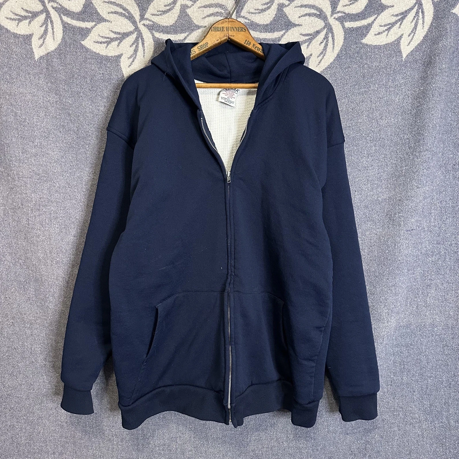 Pluma Vintage 90s Waffle Knit Zip-Up Hoodie Navy Blue White XXL Athletic Wear