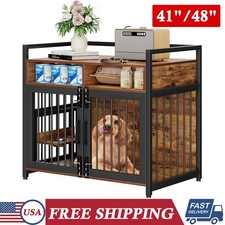 41 In /48 In Wooden Dog Crate Furniture Dog Kennel Indoor End Table with 2 Bowls