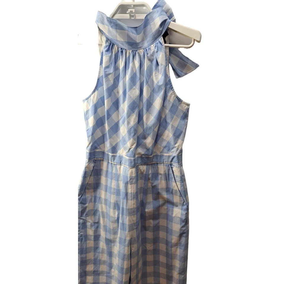 Macacão J Crew gola alta Gingham amarrar costas azul branco perna larga tamanho 2 L2578 - Imagem 3 de 4