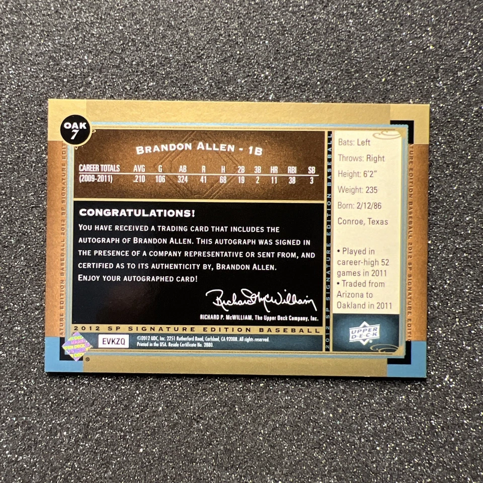 2012 UD SP Signature BRANDON ALLEN #7 Oakland Rookie AUTO - BASEBALL CARD - Image 4 of 4