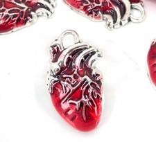 4 Anatomical Human Bleeding Heart Charms Organ Red Enamel Valentine Day 25x15mm