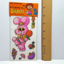 NOS Vintage Pop Eyes 3-D Large PINK BUNNY RABBIT Sticker Puffy Stickers Sheet
