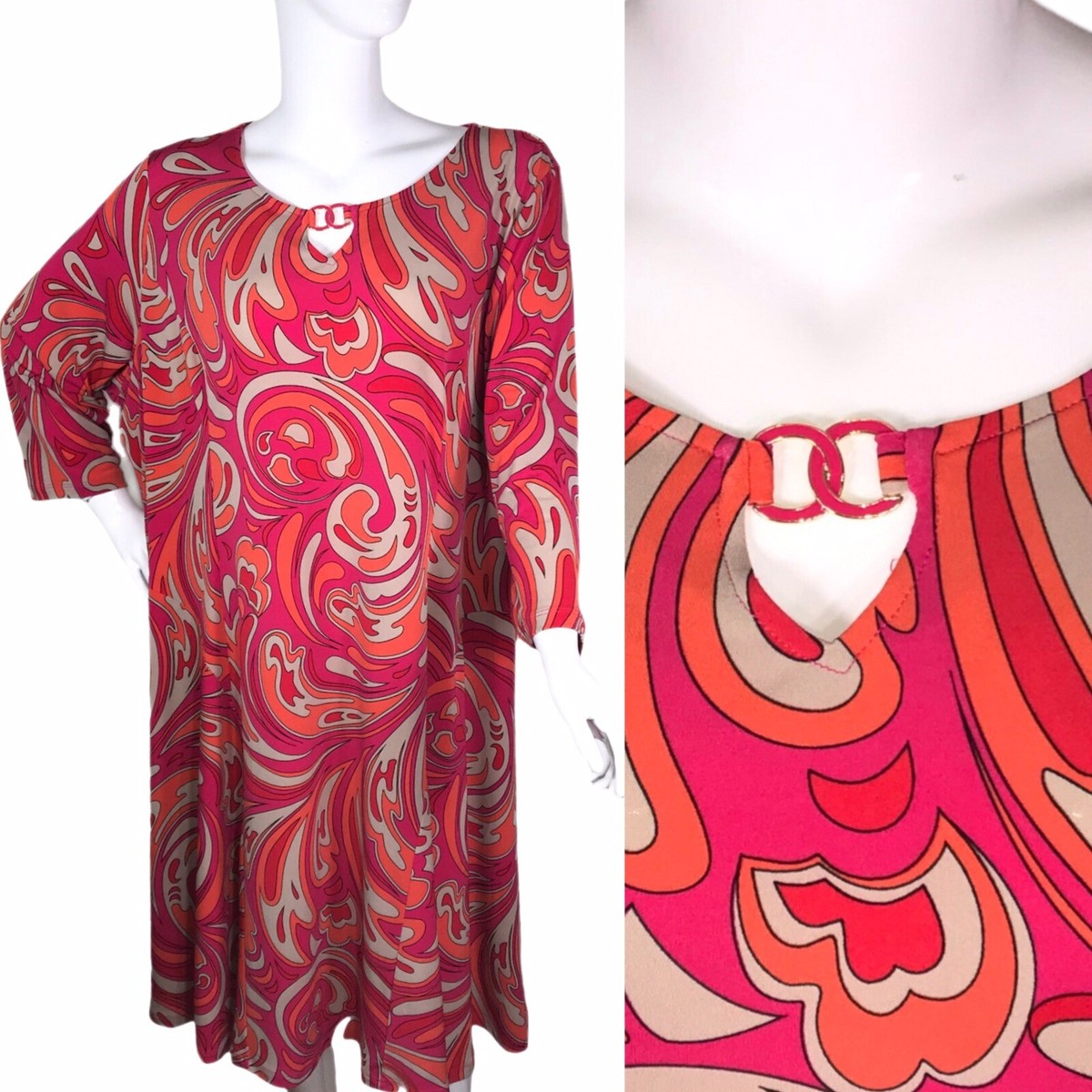 Susan Graver 2X Liquid Knit Dress ARTSY Orange Pink Stretch Women's Plus