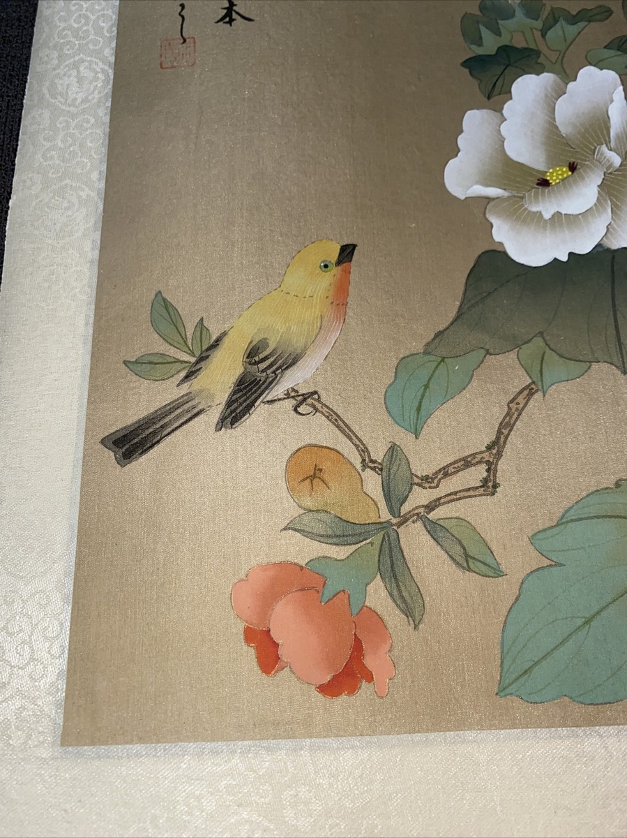 鳥の絵、中国彫アンティーク Vintage Chinese Painting On Silk Fabric Flowers and Bird 14