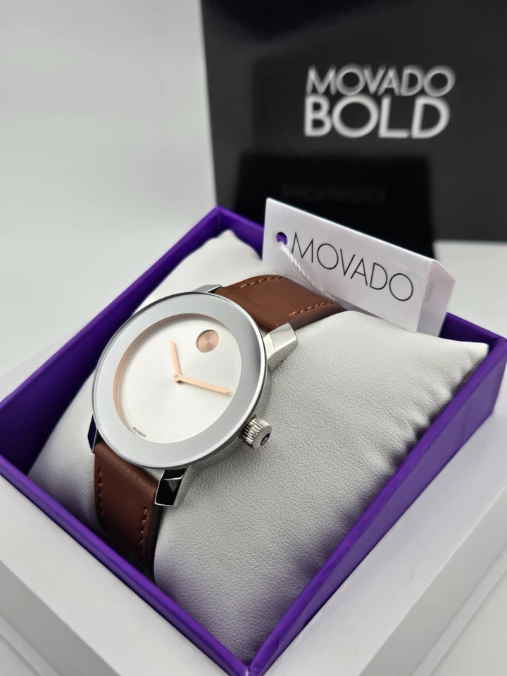 Relógio de quartzo feminino Movado mostrador prateado ousado pulseira de couro - 3600379 ($595 MSRP) - Imagem 3 de 4