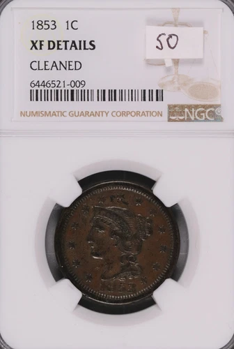 1853 Braided Hair Large Cent NGC XF Details Cleaned #1-009