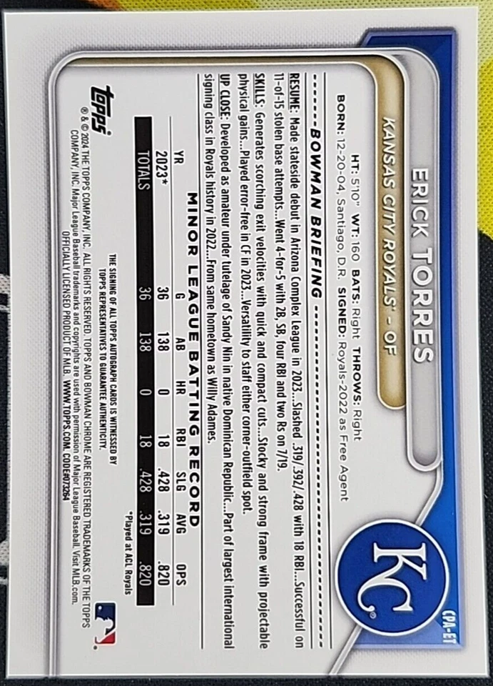 Erick Torres 2024 Bowman Chrome Blue Lunar 1st Bowman Autograph /150 Parallel-KC - Image 2 of 2