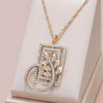 Round Simulated Diamond Women's Gorgeous Rectangle Pendant 14K Rose Gold Plated