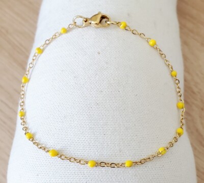 Armband Perlen Harz Gelb Edelstahl Gold Artinal Handarbeit Damen 18cm