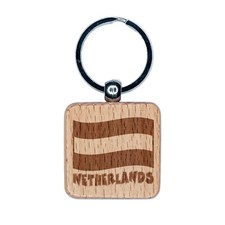Netherlands Waving Flag Cute Engraved Wood Square Keychain Tag Charm