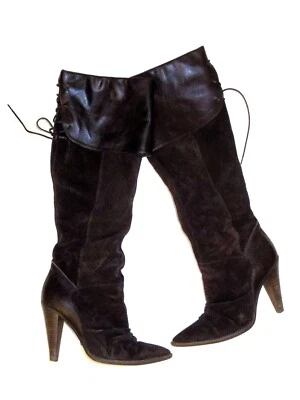 🌼 Bottes à Talons en Cuir et Daim Marron Chocolat- Pointure 39- San Marina - Photo 1/4